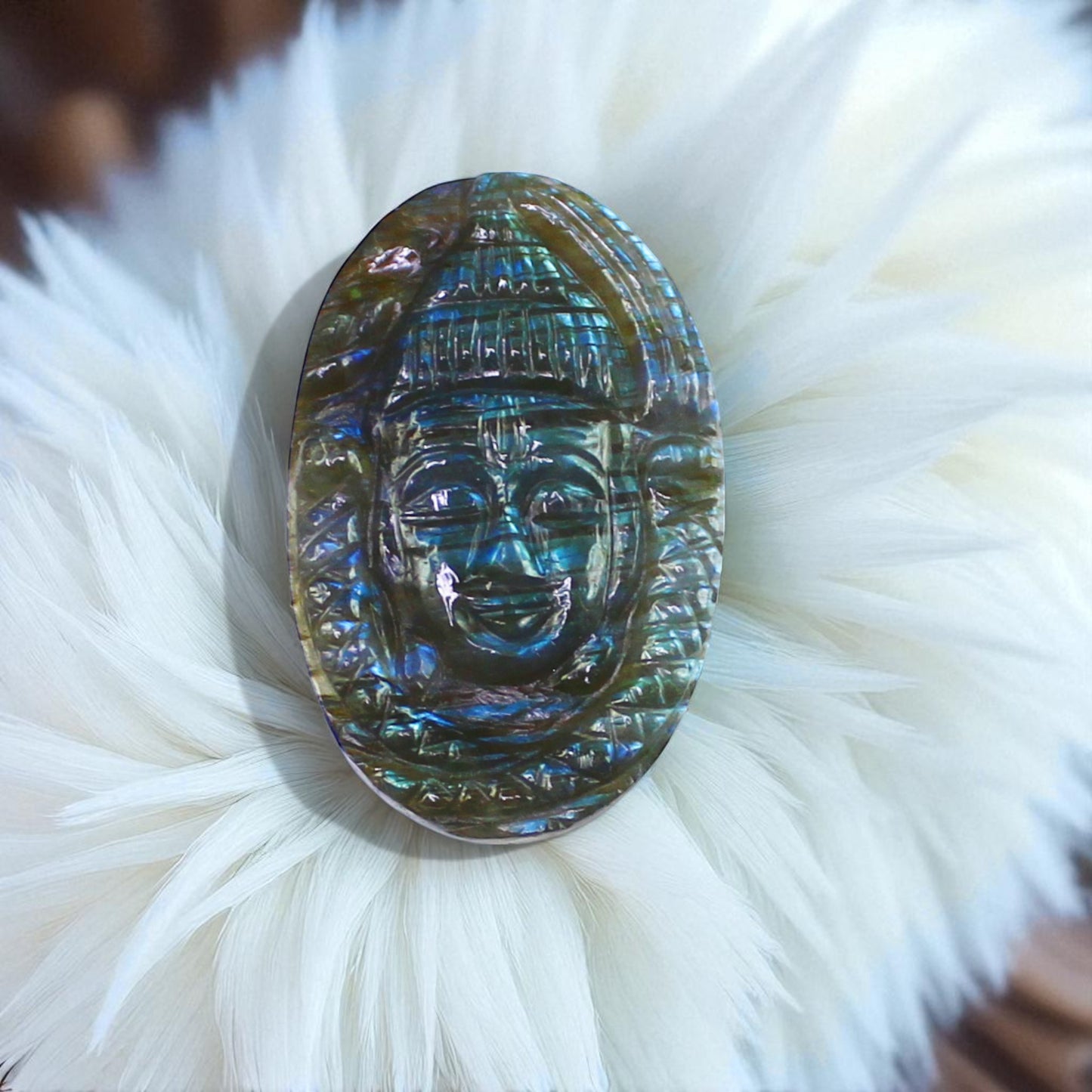 Elegant Nat. Color Sheen Labradorite Gemstone Shiva Carved Cabochon