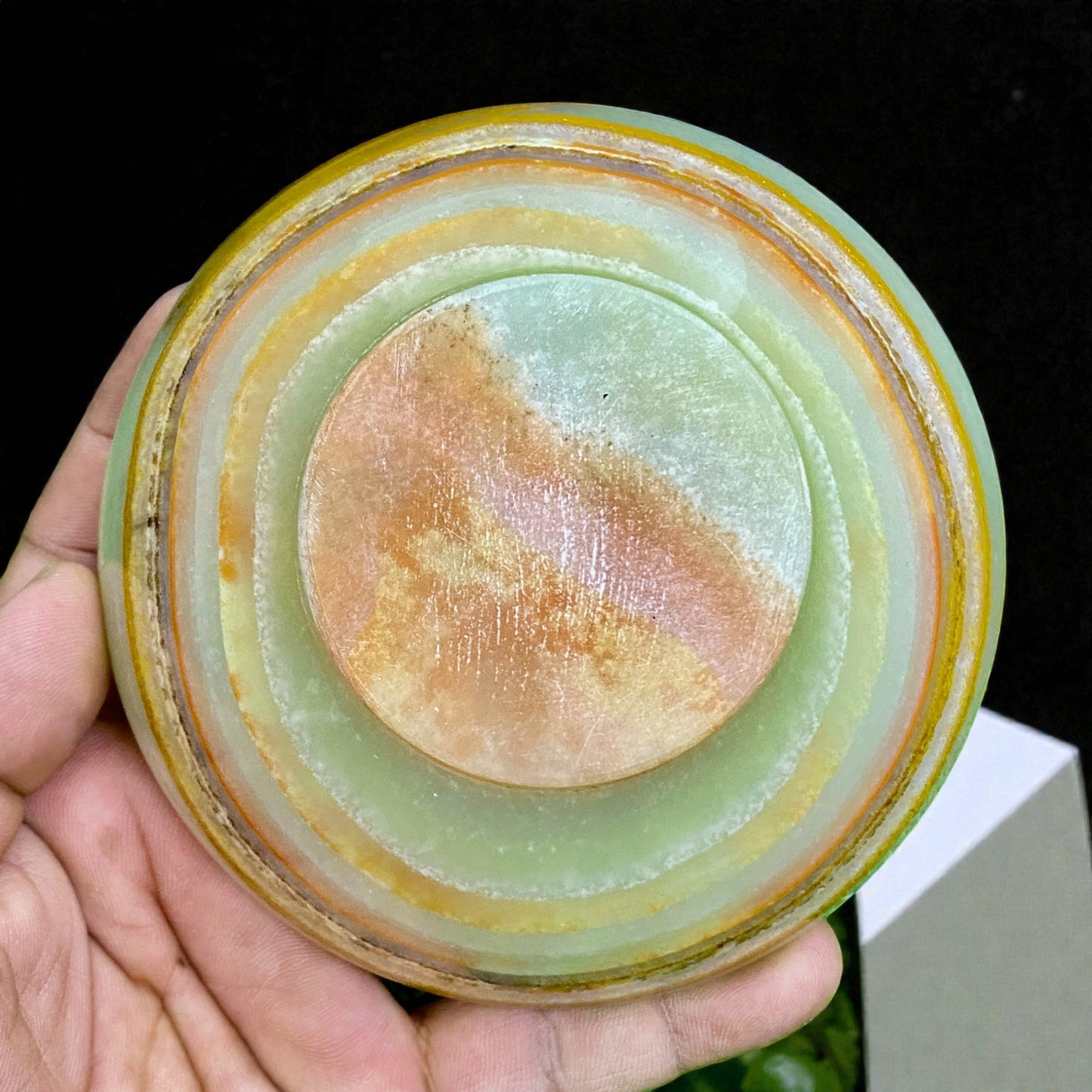 Afghanistan Banded Green Onyx Bowl Hand Carved Natural Stone Decor