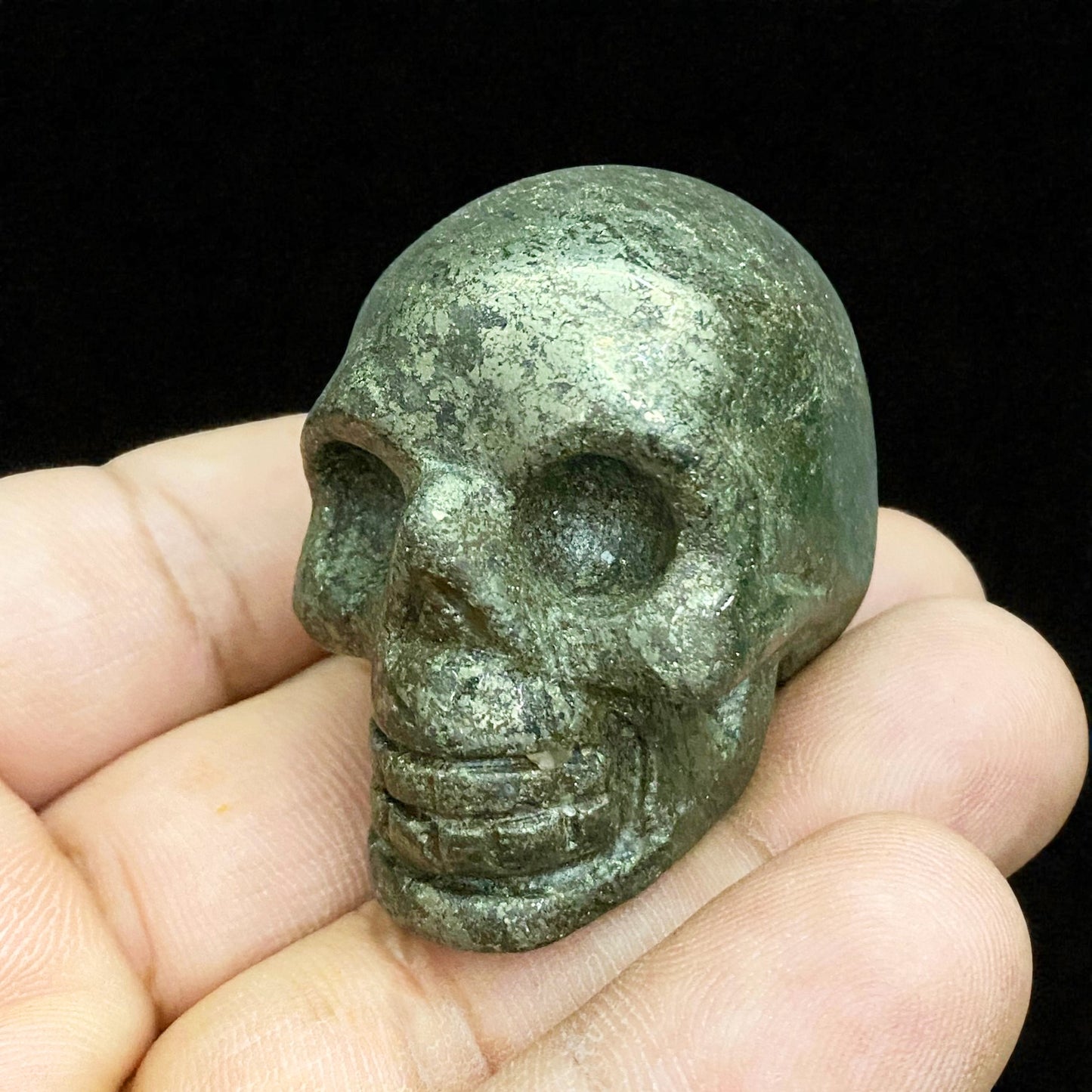 Pyrite Skull Figurine – Vintage Finish Hand-Carved Gemstone