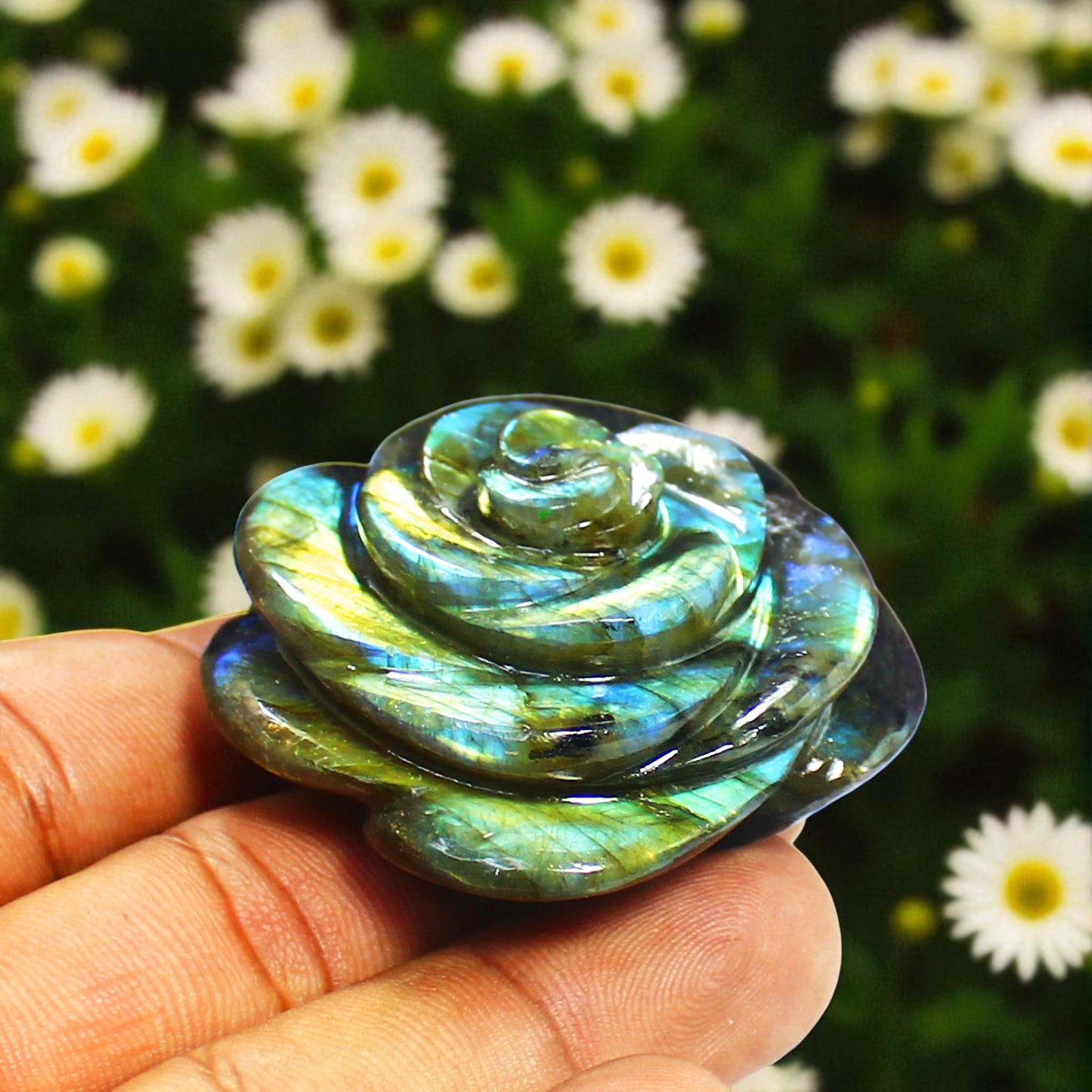 Lovely Color Sheen Nat. Labradorite Gemstone Rose Flower Carved Figure