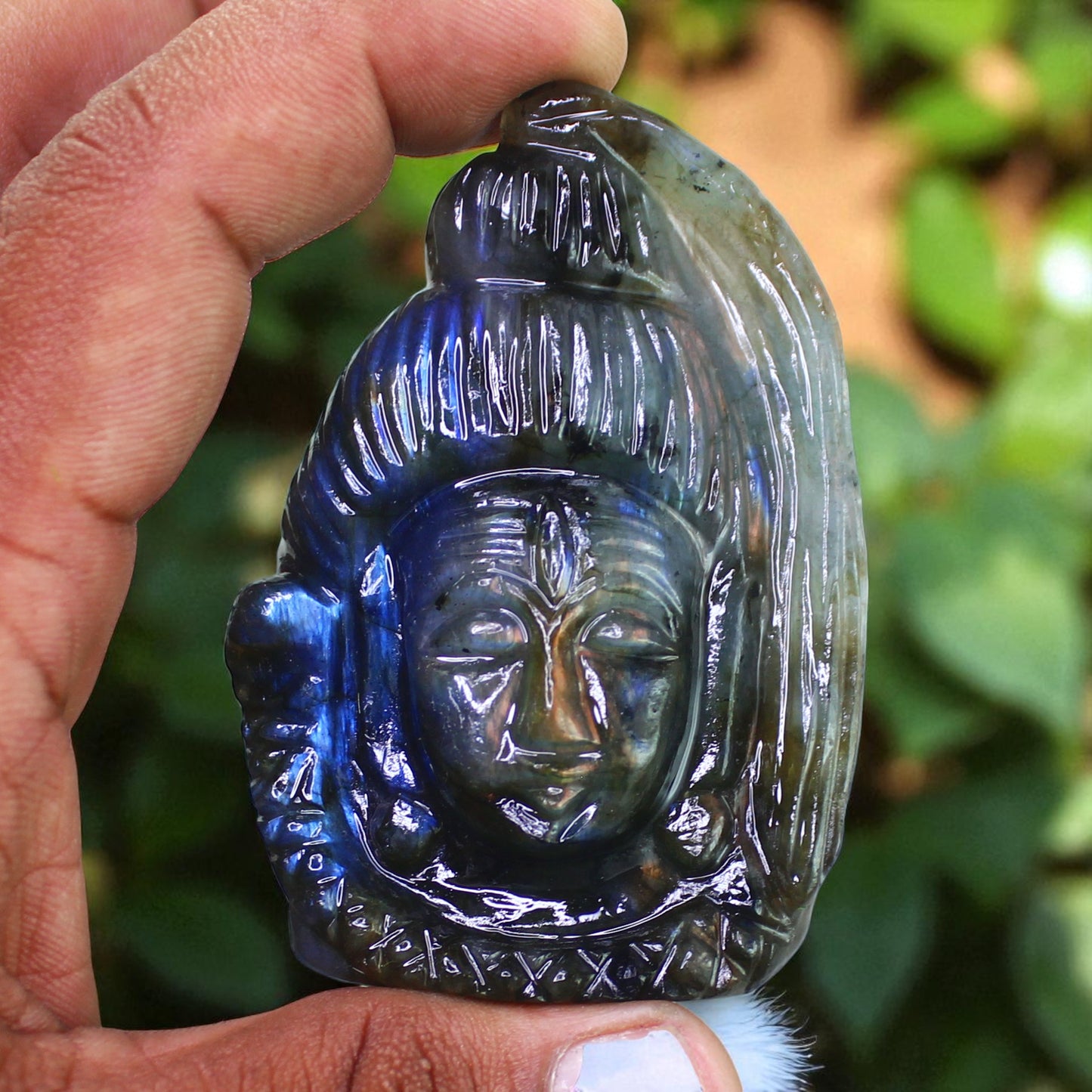 Amazing Color Sheen Nat. Labradorite Gemstone Lord Shiva Head Carved Figure