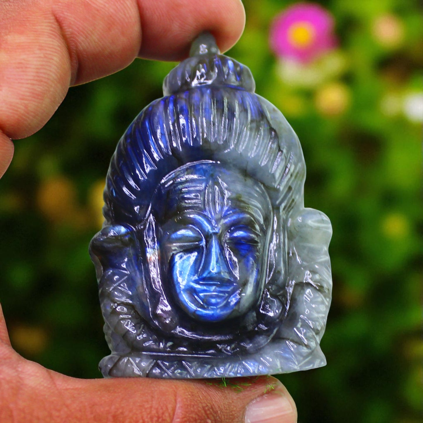 Amazing Color Sheen Nat. Labradorite Gemstone Lord Shiva Head Carved Figure