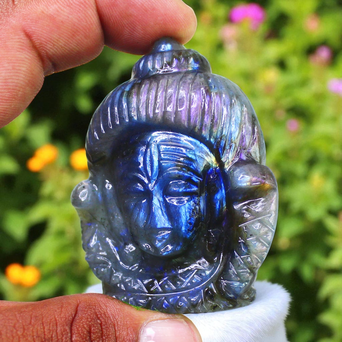 Amazing Color Sheen Nat. Labradorite Gemstone Lord Shiva Head Carved Figure