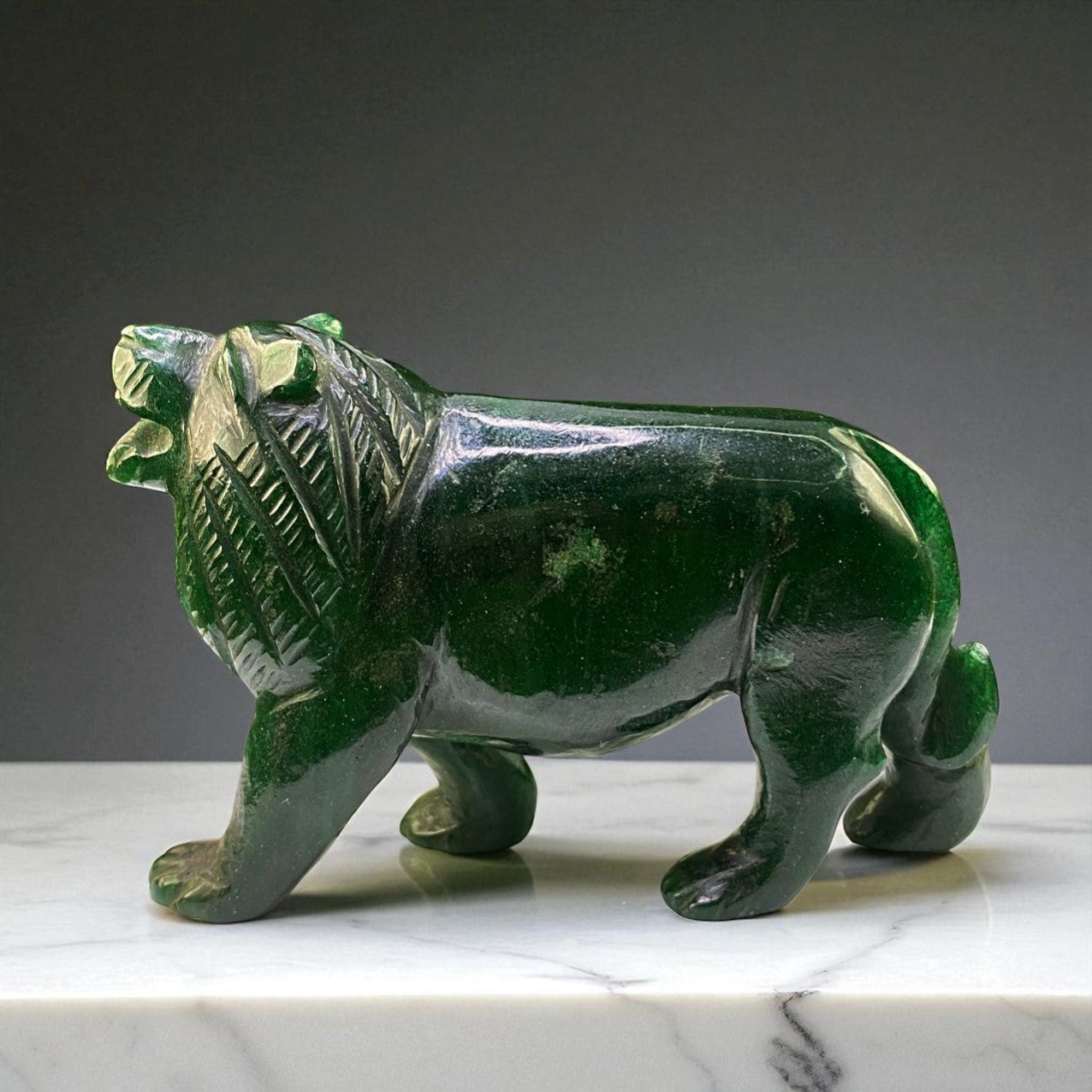 Green Aventurine Jade Roaring Lion – Hand-Carved Gemstone Power Figurine
