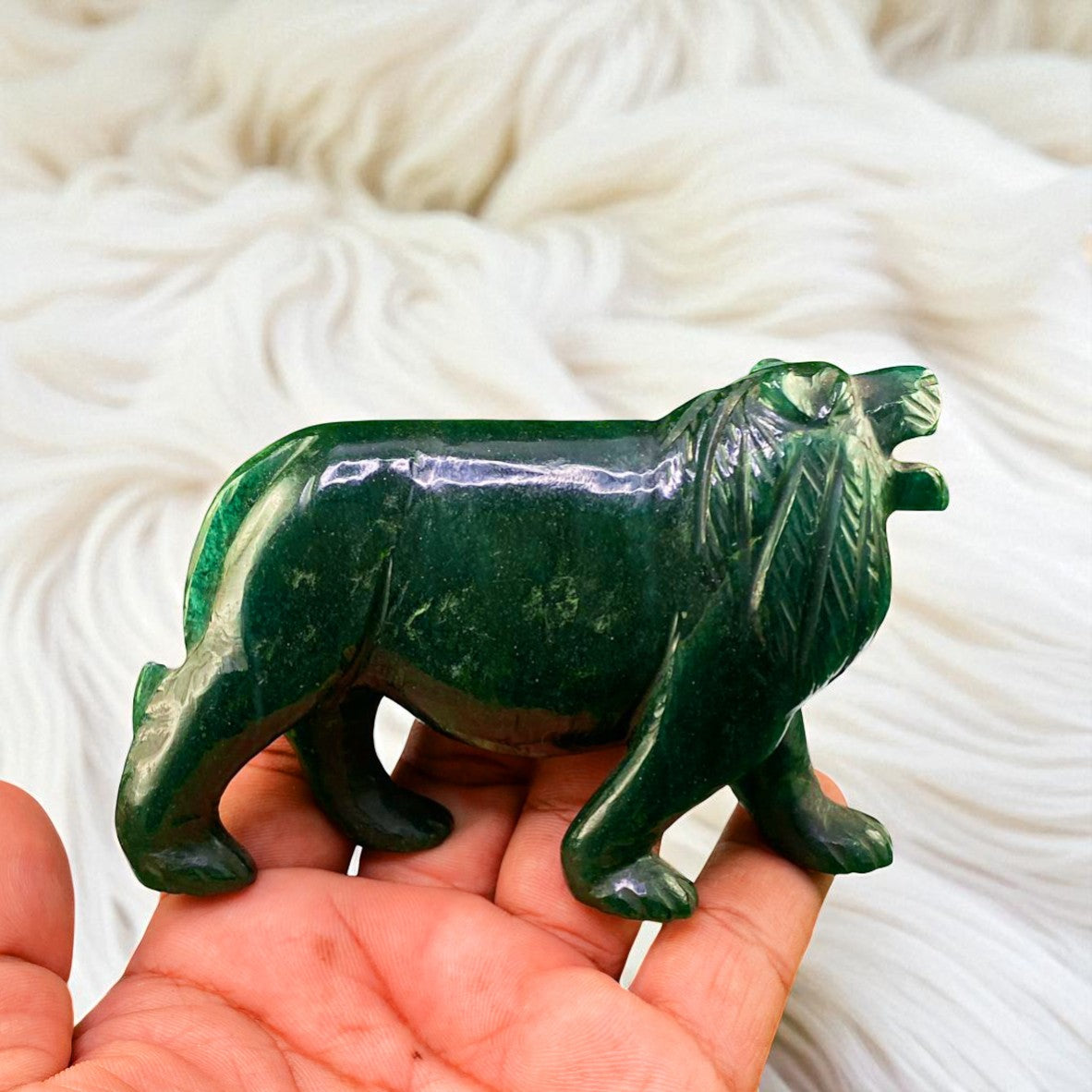 Green Aventurine Jade Roaring Lion – Hand-Carved Gemstone Power Figurine