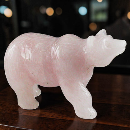 Hand-Carved Rose Quartz Bear Figurine – Natural Pink Gemstone Animal