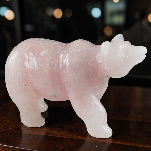 Hand-Carved Rose Quartz Bear Figurine – Natural Pink Gemstone Animal
