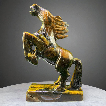 Rearing Horse Carving in Golden Tiger Eye – Handcrafted Gemstone Statue