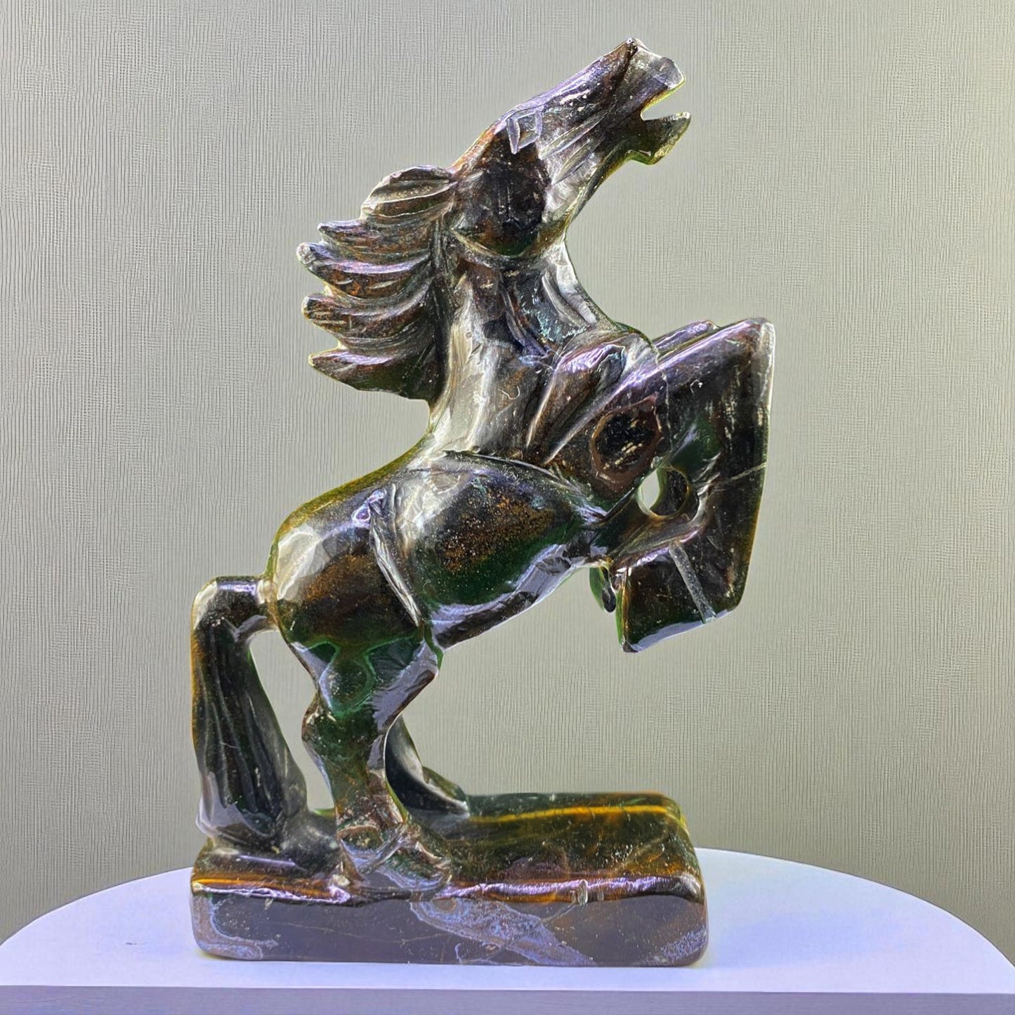 Rearing Horse Carving in Golden Tiger Eye – Handcrafted Gemstone Statue