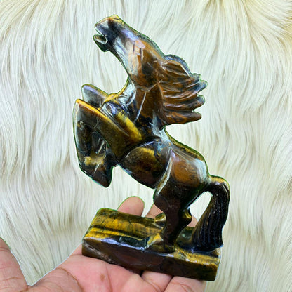 Rearing Horse Carving in Golden Tiger Eye – Handcrafted Gemstone Statue