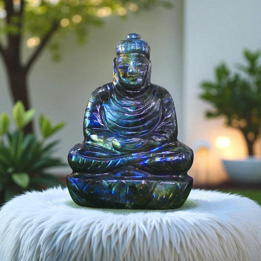 Super Color Sheen Nat. Labradorite Gemstone Meditating Buddha Carved Figure