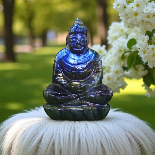 Super Color Sheen Nat. Labradorite Gemstone Meditating Buddha Carved Figure