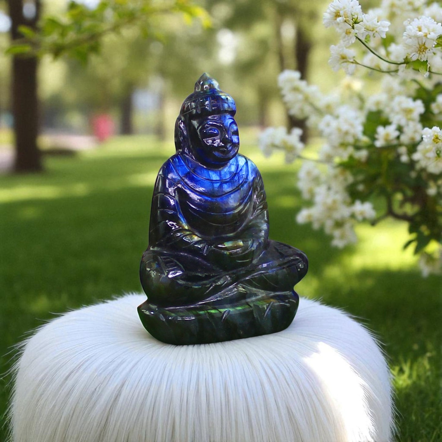 Super Color Sheen Nat. Labradorite Gemstone Meditating Buddha Carved Figure