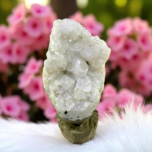 Rare Clear Apophyllite Geode – Sparkling Crystalline Points on Volcanic Matrix, Self-Standing