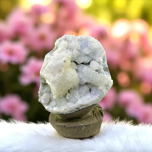 Rare Clear Apophyllite Geode – Sparkling Crystalline Points on Volcanic Matrix, Self-Standing