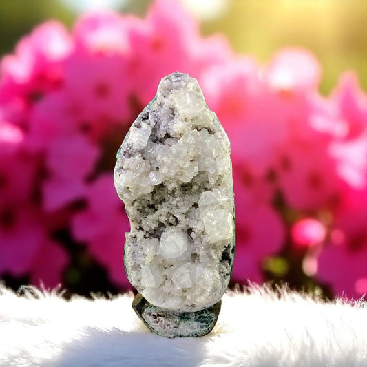 Rare Clear Apophyllite Geode – Sparkling Crystalline Points on Volcanic Matrix, Self-Standing