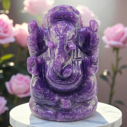 Lepidolite Ganesha Idol – Natural Crystal for Stress Relief & Serenity