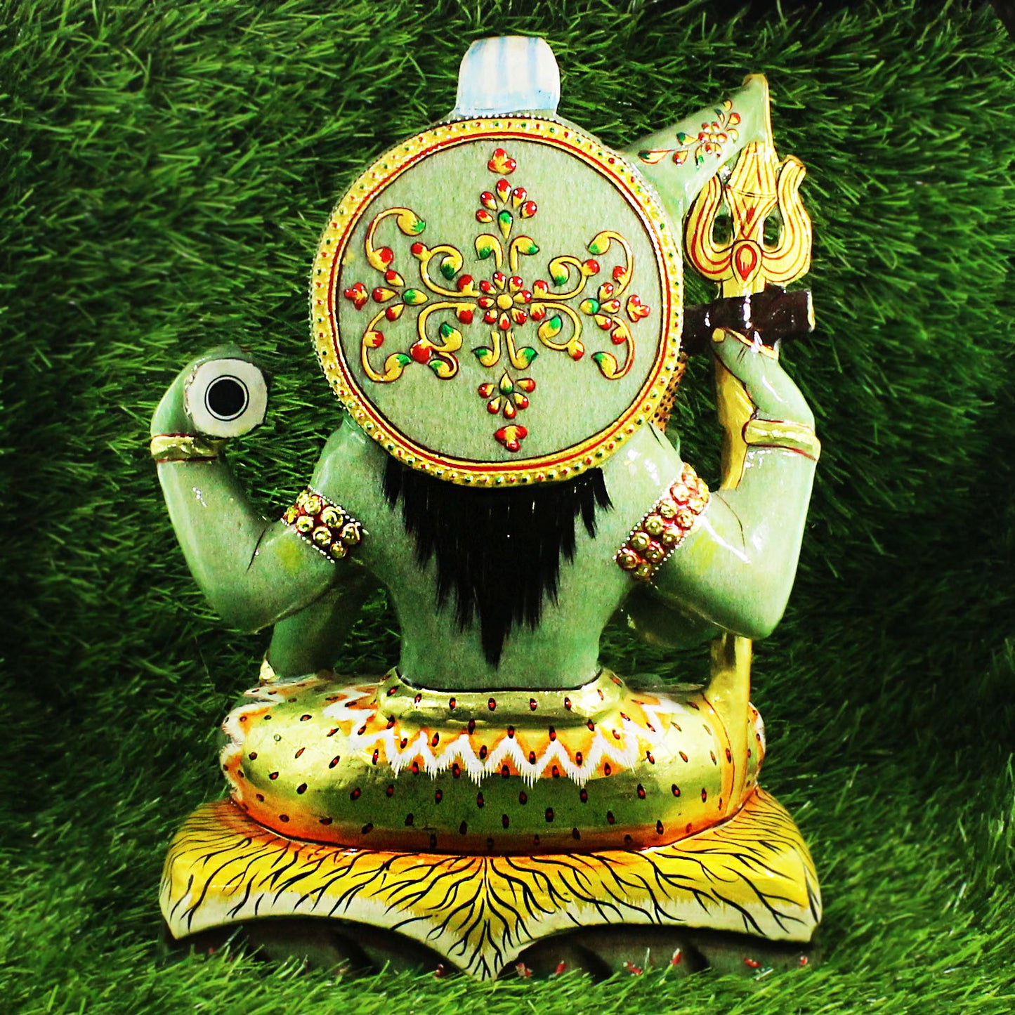 Nat. Jade Gemstone Shiva Figure Carved with 22 Carat Gold Work Paint