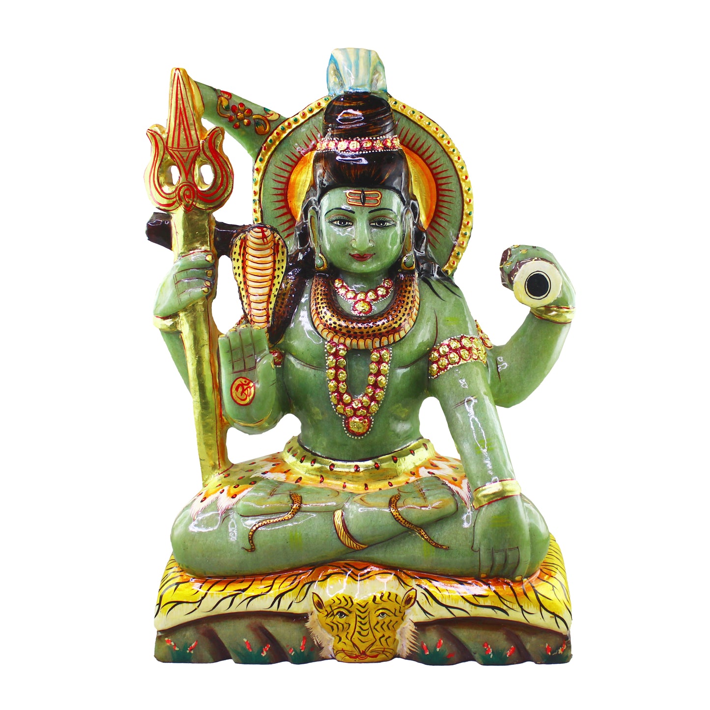 Nat. Jade Gemstone Shiva Figure Carved with 22 Carat Gold Work Paint