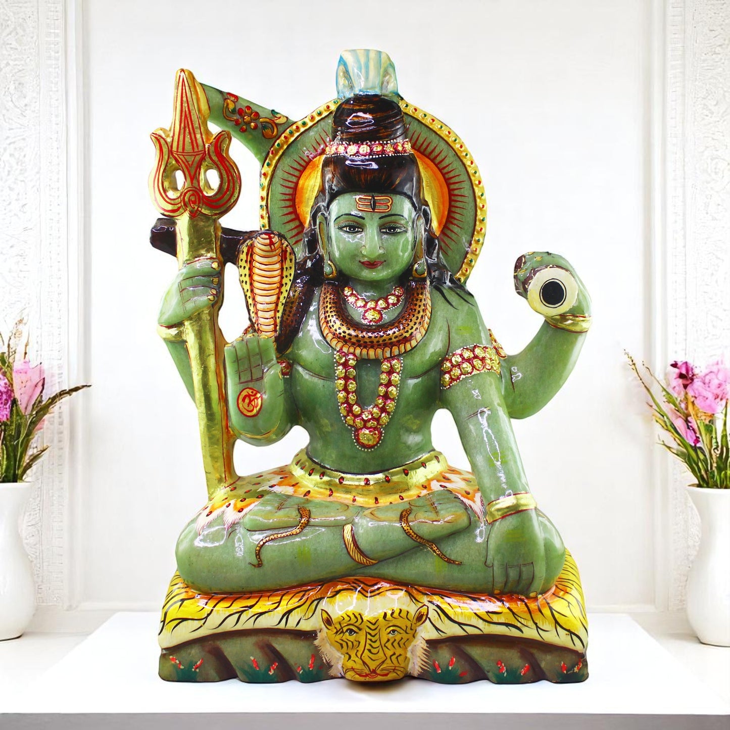 Nat. Jade Gemstone Shiva Figure Carved with 22 Carat Gold Work Paint