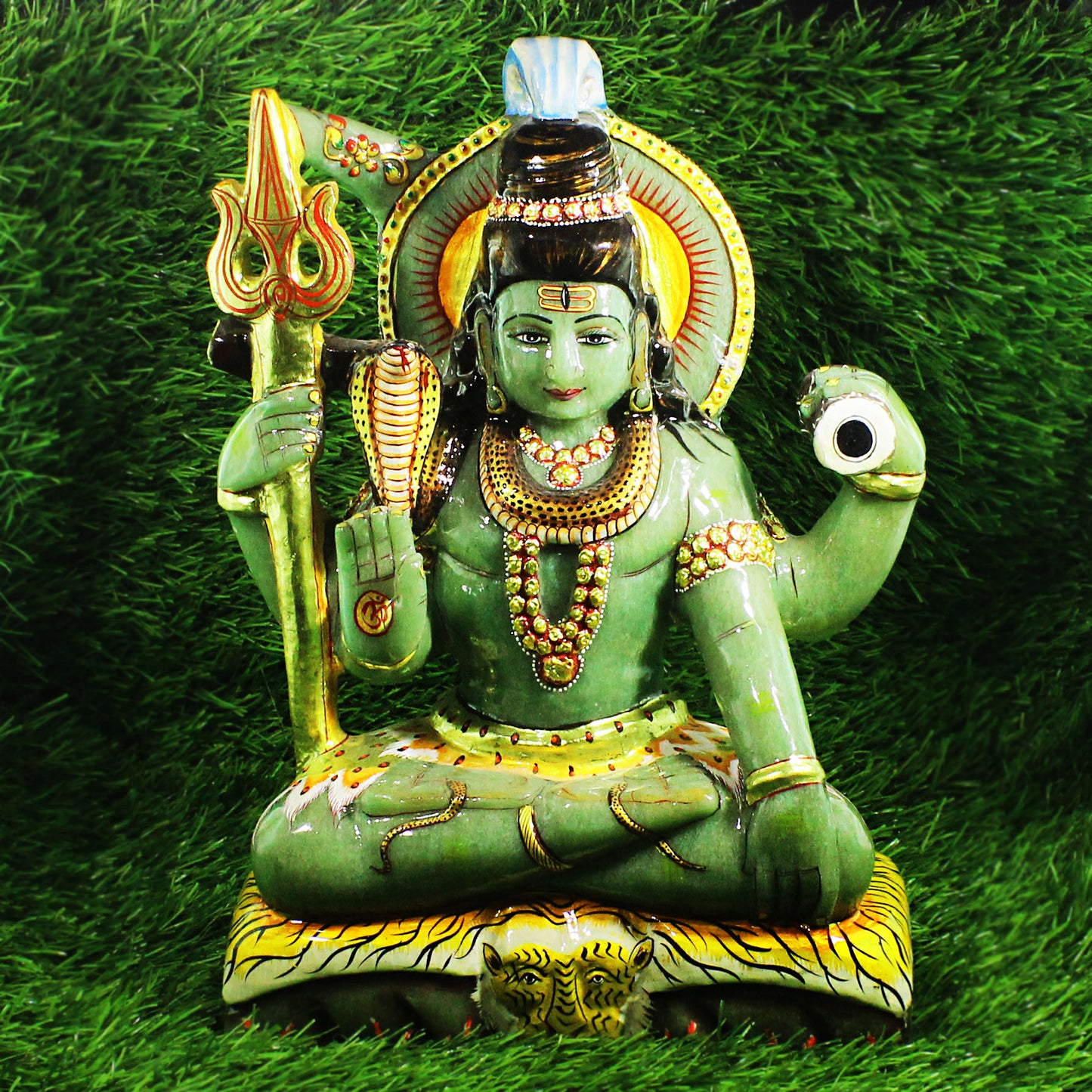 Nat. Jade Gemstone Shiva Figure Carved with 22 Carat Gold Work Paint