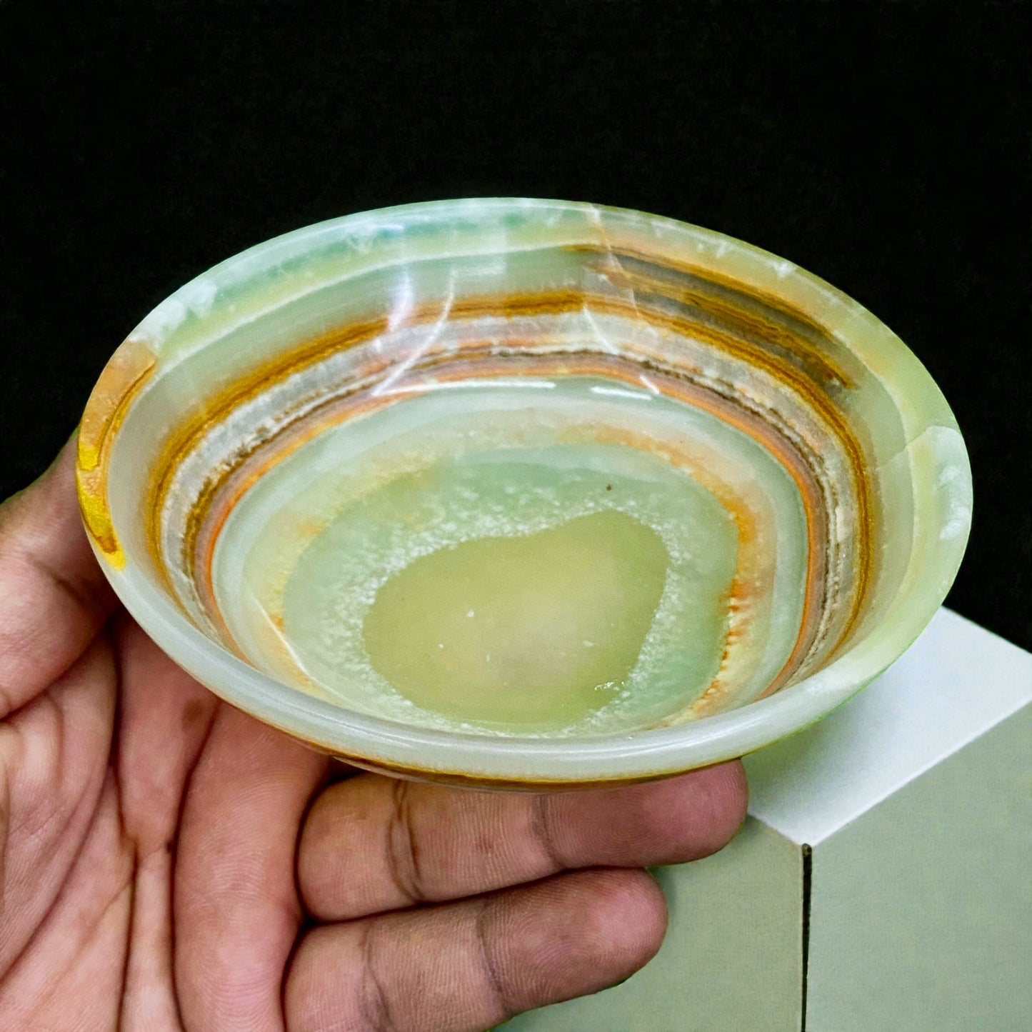 Afghanistan Banded Green Onyx Bowl Hand Carved Natural Stone Decor