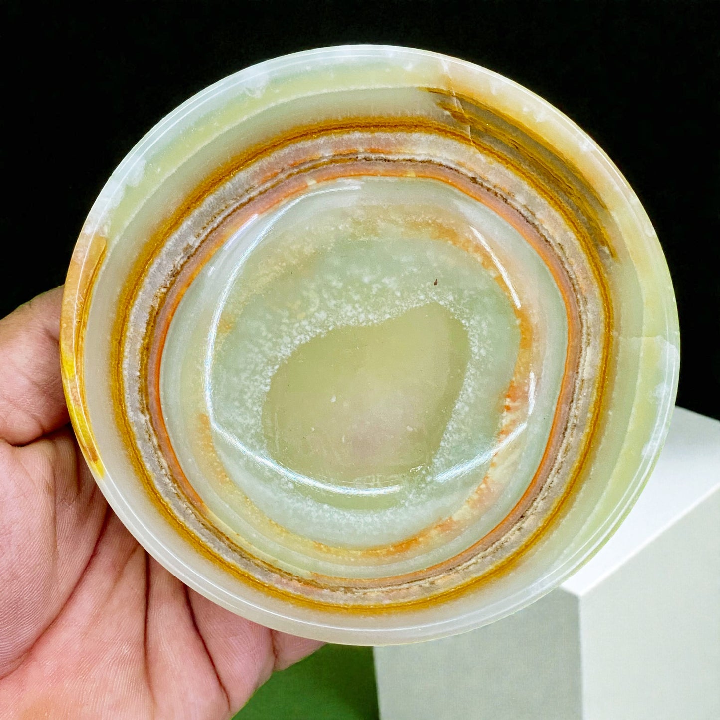 Afghanistan Banded Green Onyx Bowl Hand Carved Natural Stone Decor