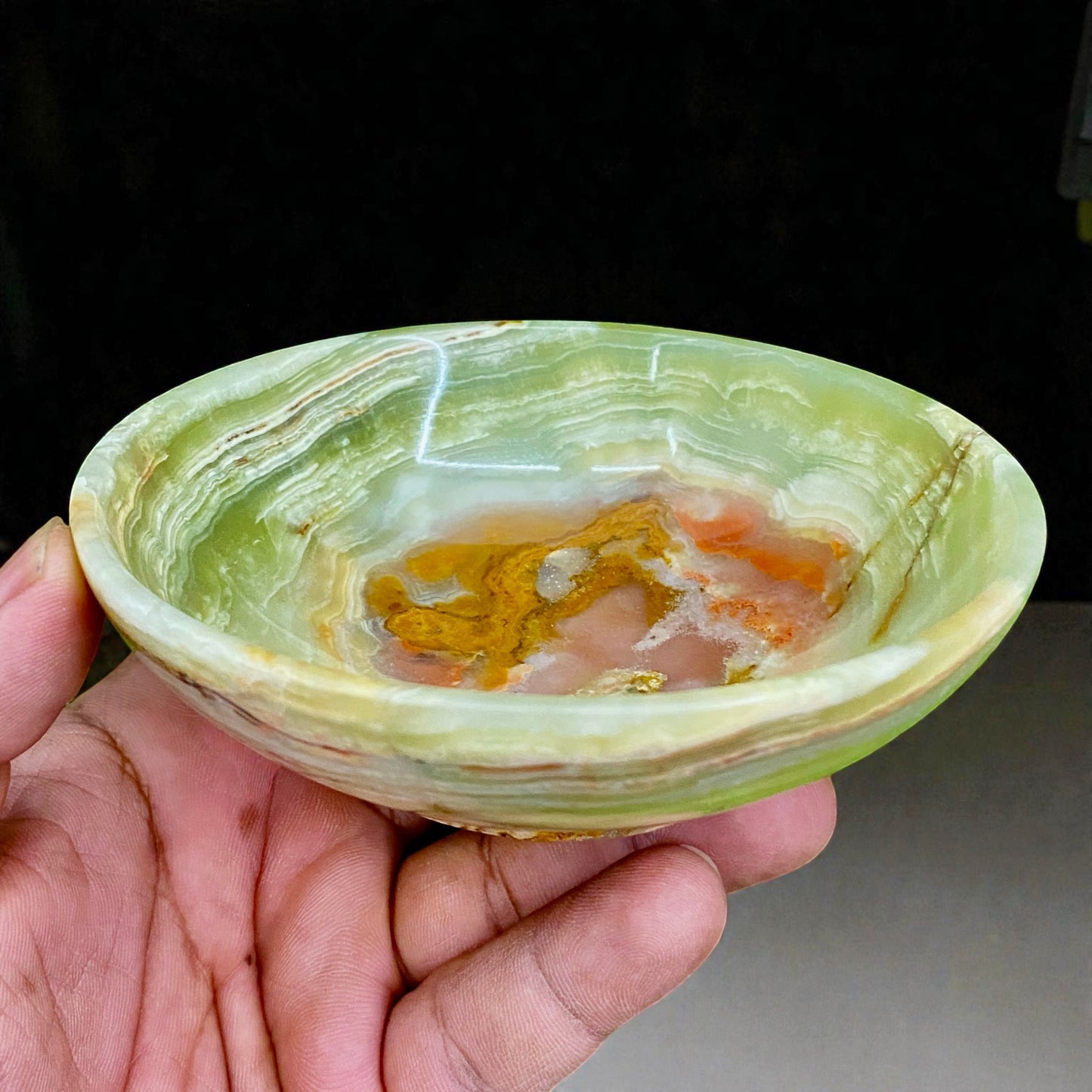 Afghanistan Banded Green Onyx Bowl Hand Carved Natural Stone Decor