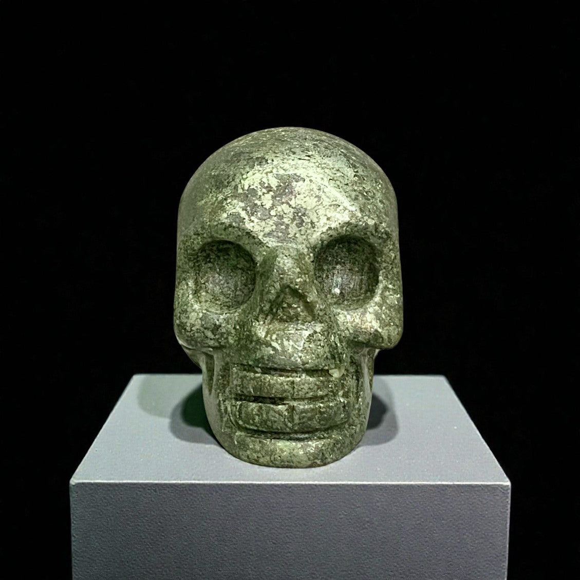Pyrite Skull Figurine – Vintage Finish Hand-Carved Gemstone