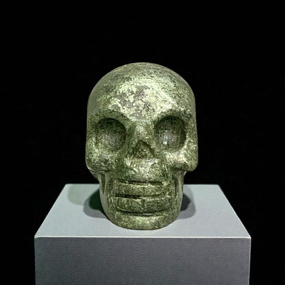 Pyrite Skull Figurine – Vintage Finish Hand-Carved Gemstone