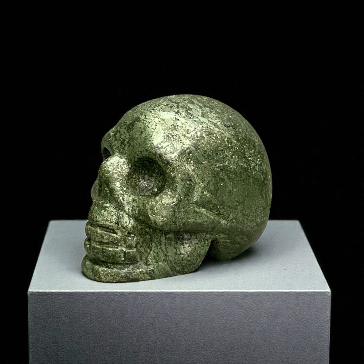 Pyrite Skull Figurine – Vintage Finish Hand-Carved Gemstone