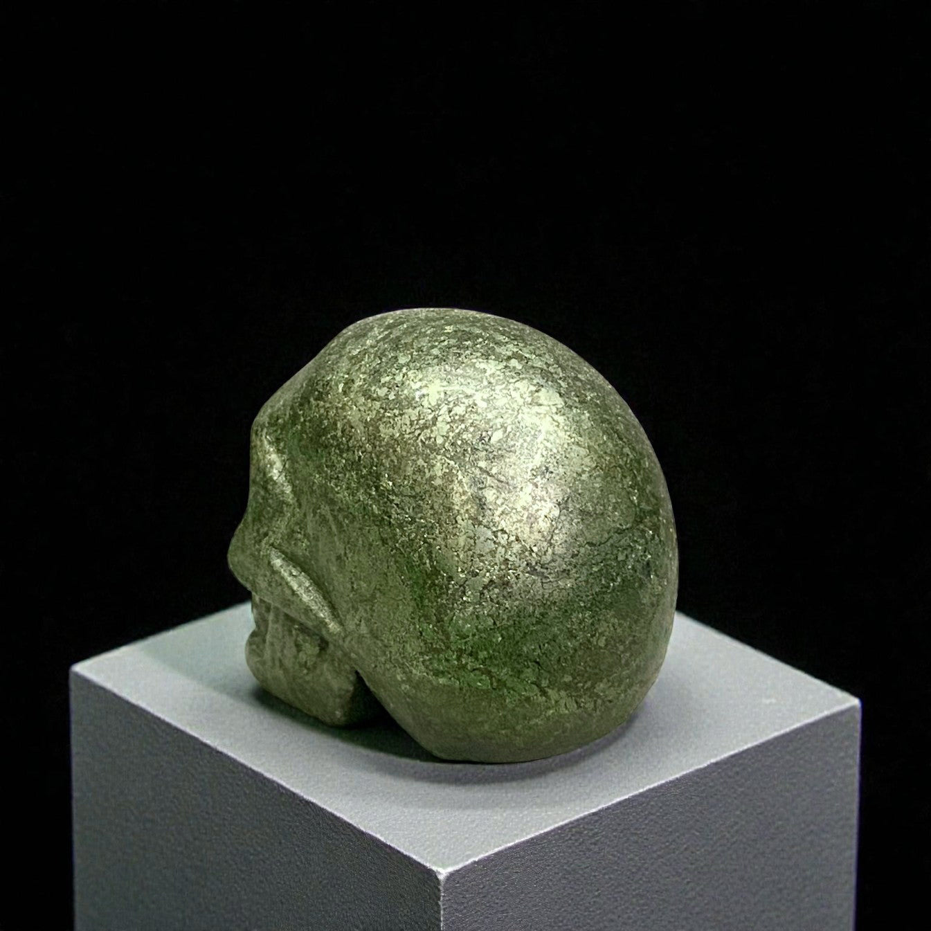 Pyrite Skull Figurine – Vintage Finish Hand-Carved Gemstone