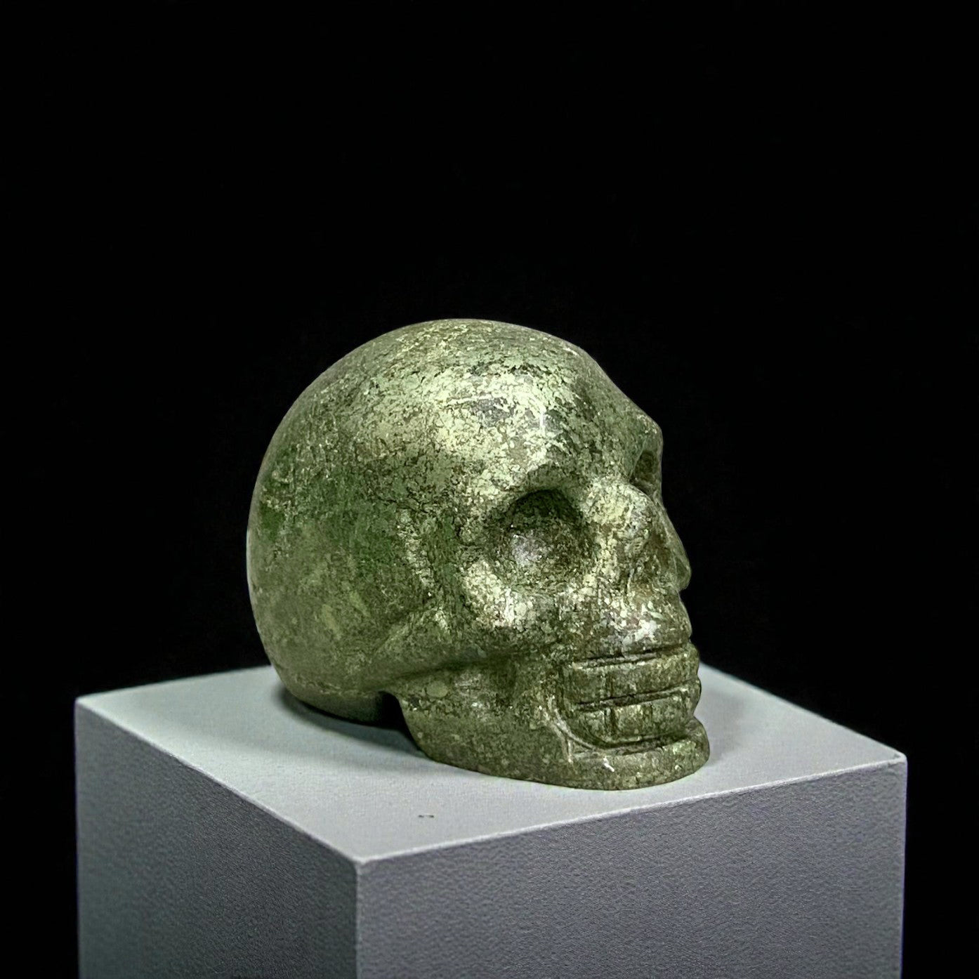 Pyrite Skull Figurine – Vintage Finish Hand-Carved Gemstone