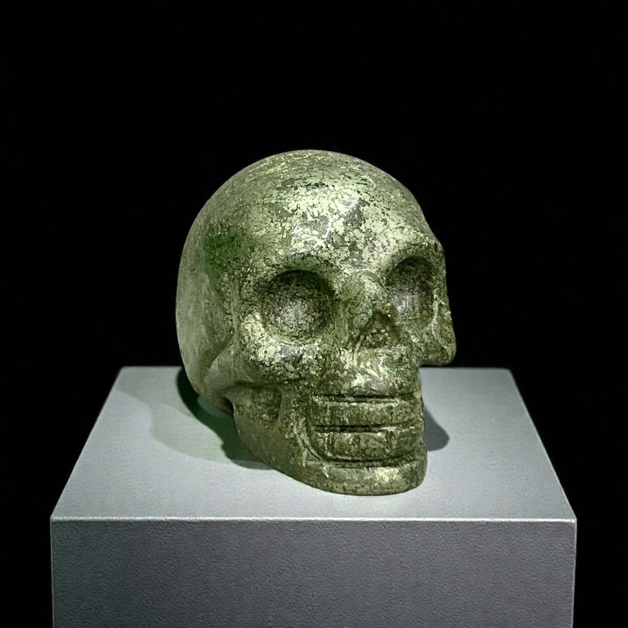 Pyrite Skull Figurine – Vintage Finish Hand-Carved Gemstone