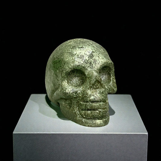 Pyrite Skull Figurine – Vintage Finish Hand-Carved Gemstone