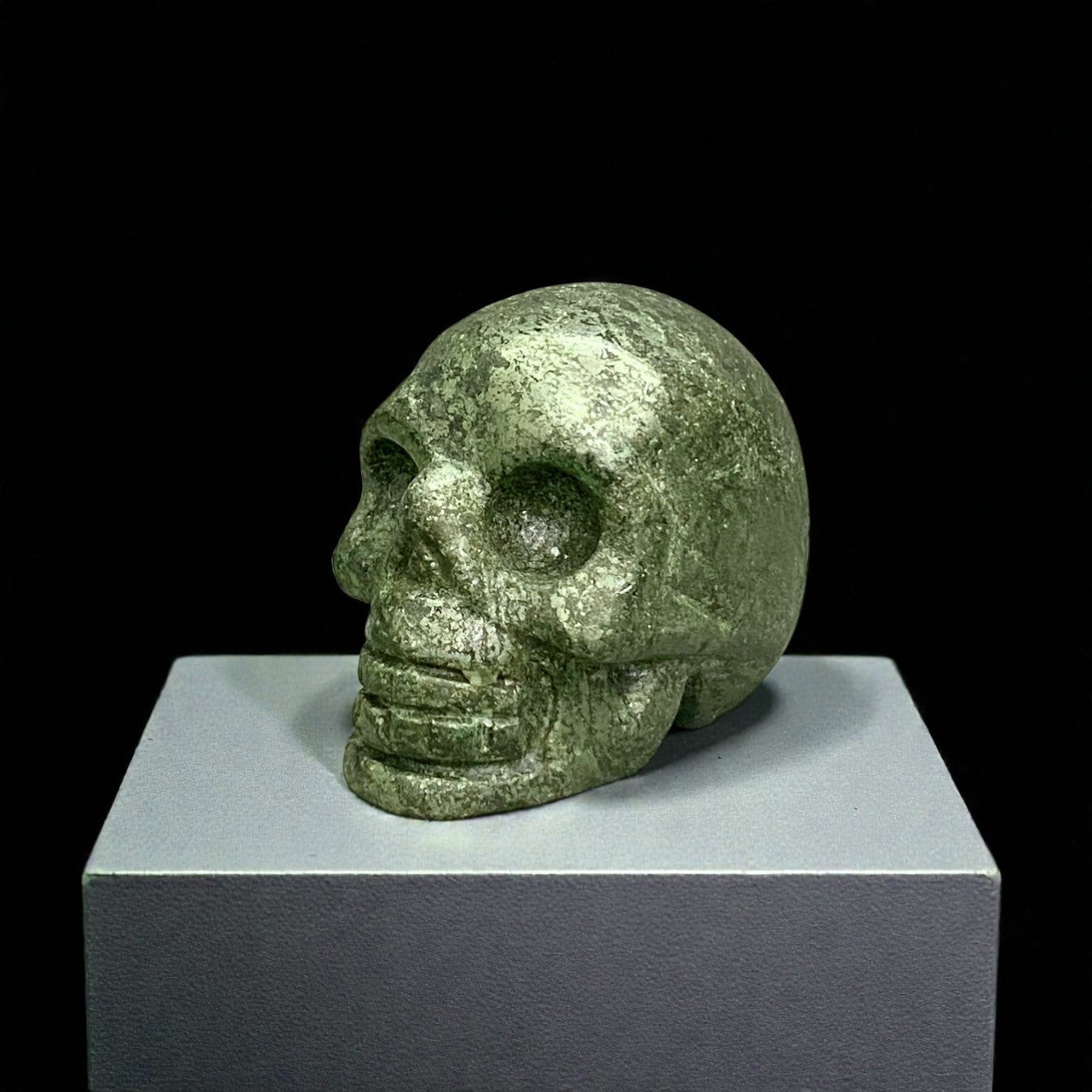 Pyrite Skull Figurine – Vintage Finish Hand-Carved Gemstone
