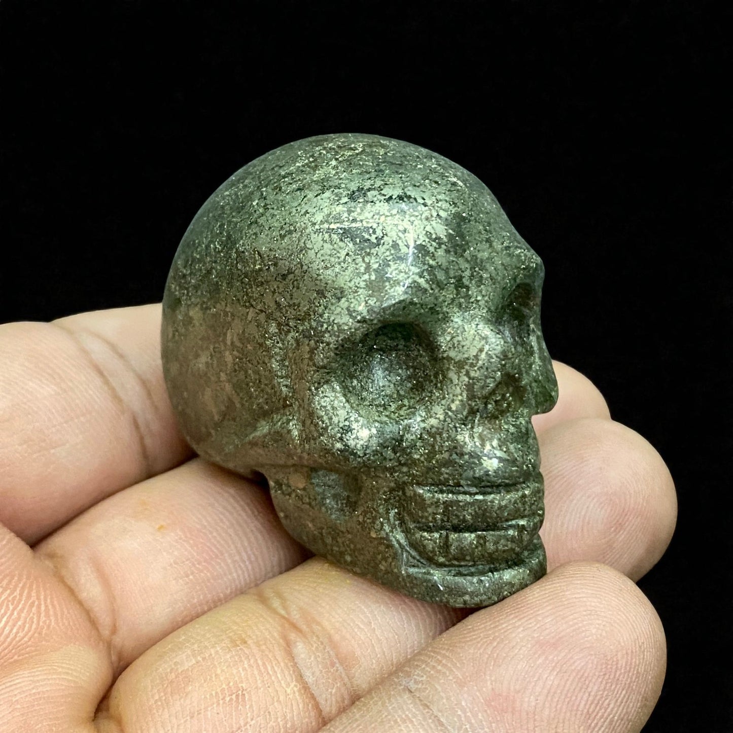 Pyrite Skull Figurine – Vintage Finish Hand-Carved Gemstone