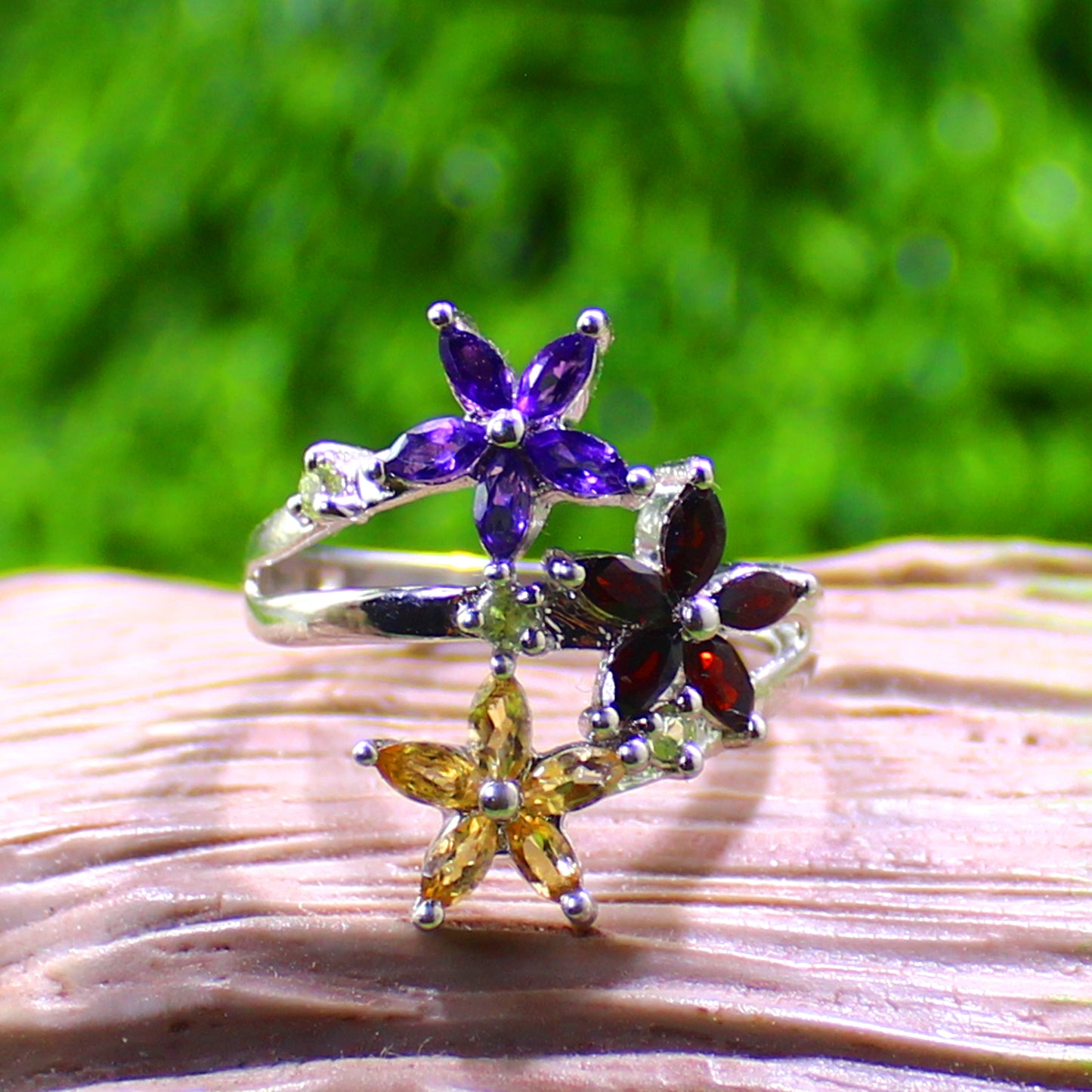 Unique Nat. Amethyst Citrine Garnet Gemstone 925 Sterling Silver Statement Ring