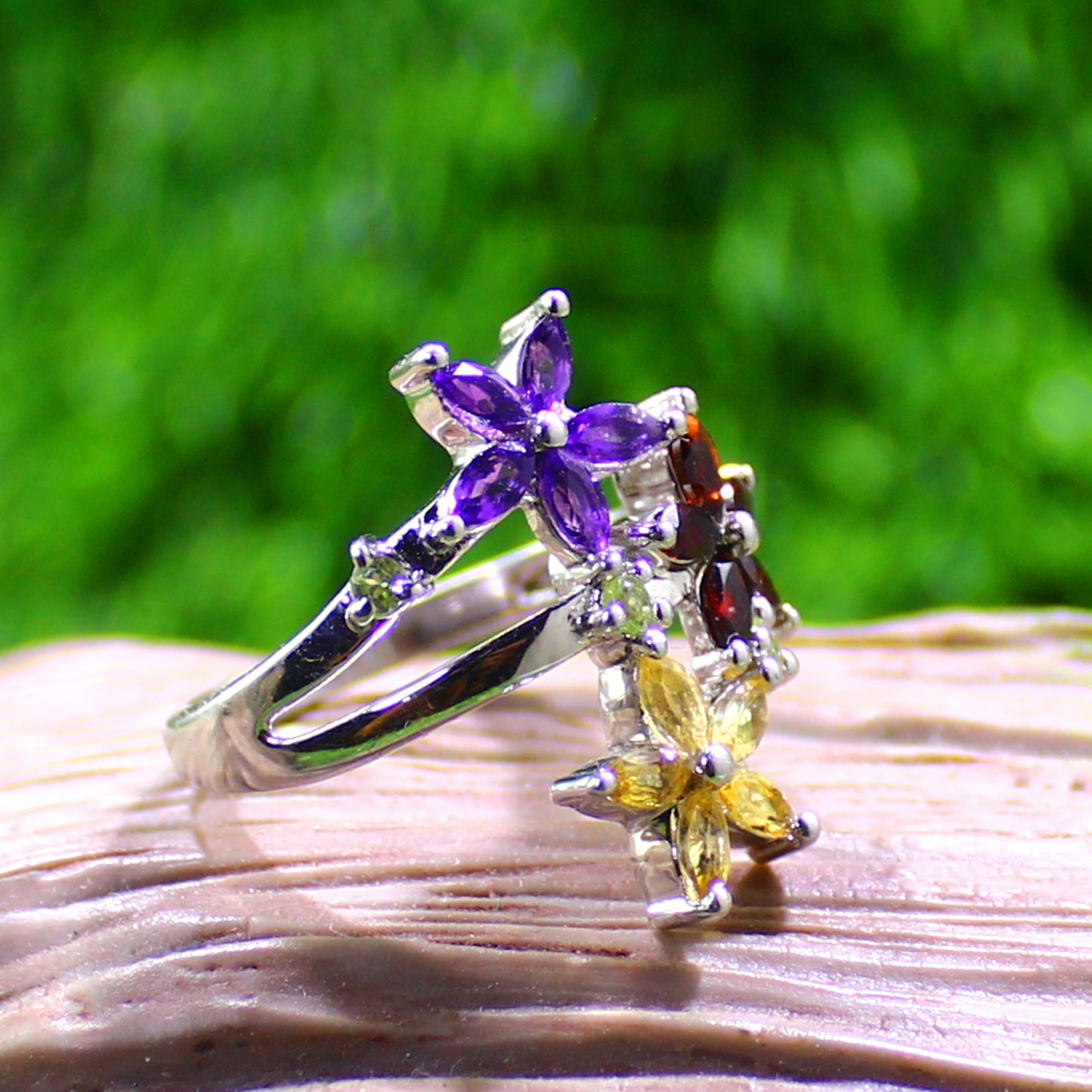 Unique Nat. Amethyst Citrine Garnet Gemstone 925 Sterling Silver Statement Ring