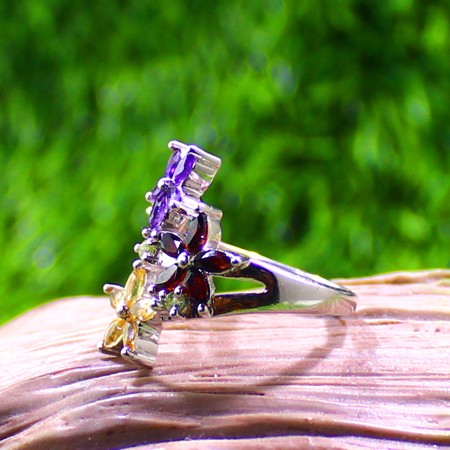 Unique Nat. Amethyst Citrine Garnet Gemstone 925 Sterling Silver Statement Ring
