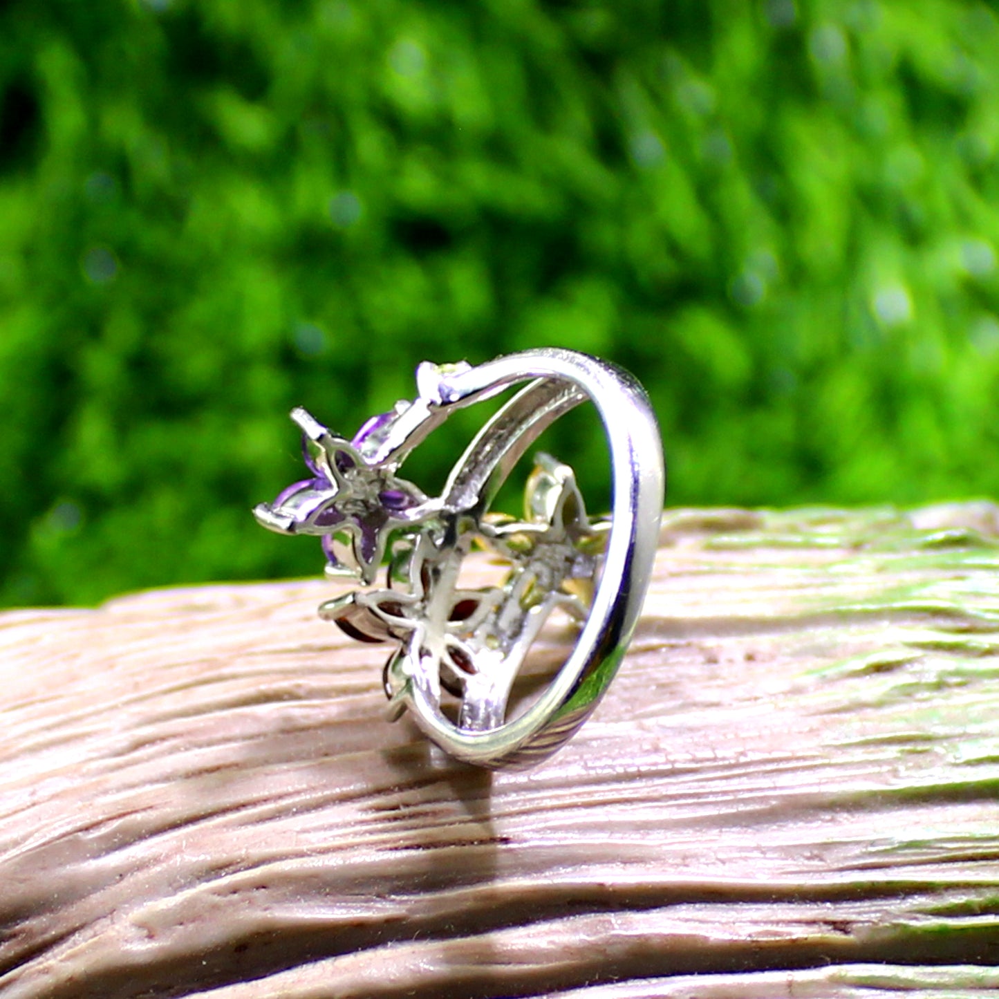 Unique Nat. Amethyst Citrine Garnet Gemstone 925 Sterling Silver Statement Ring
