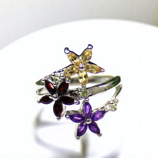 Unique Nat. Amethyst Citrine Garnet Gemstone 925 Sterling Silver Statement Ring