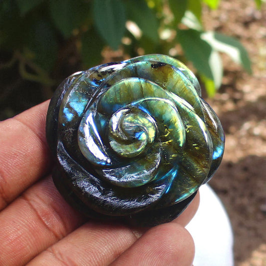 Lovely Color Sheen Nat. Labradorite Gemstone Rose Flower Carved Figure