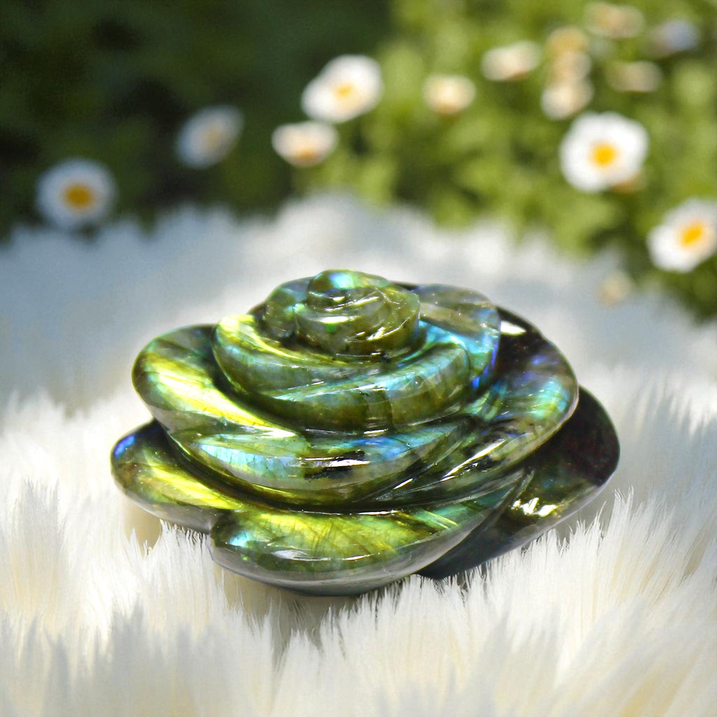 Lovely Color Sheen Nat. Labradorite Gemstone Rose Flower Carved Figure