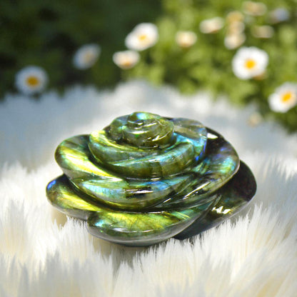 Lovely Color Sheen Nat. Labradorite Gemstone Rose Flower Carved Figure