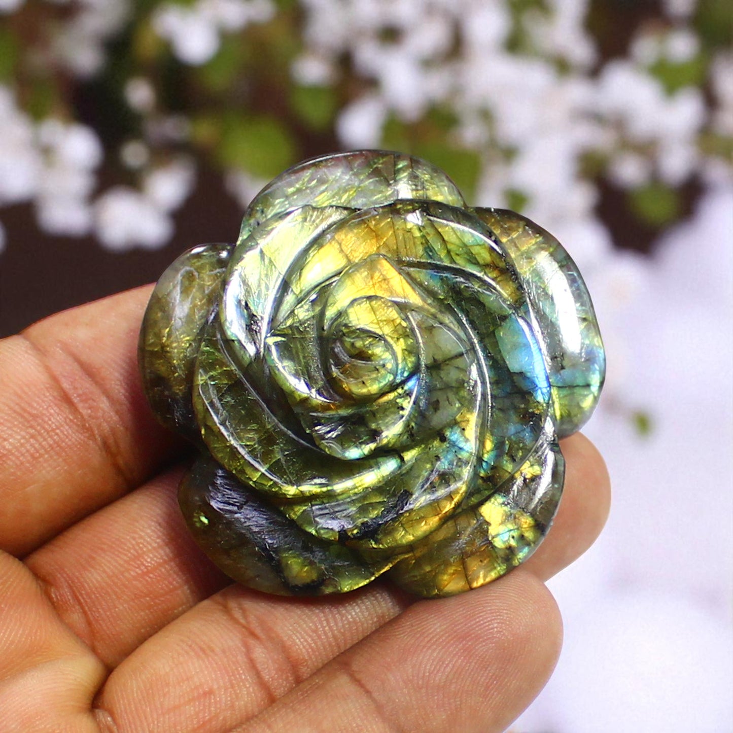 Lovely Color Sheen Nat. Labradorite Gemstone Rose Flower Carved Figure