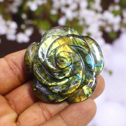 Lovely Color Sheen Nat. Labradorite Gemstone Rose Flower Carved Figure