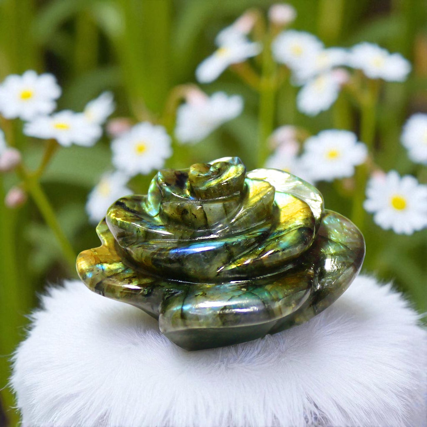 Lovely Color Sheen Nat. Labradorite Gemstone Rose Flower Carved Figure