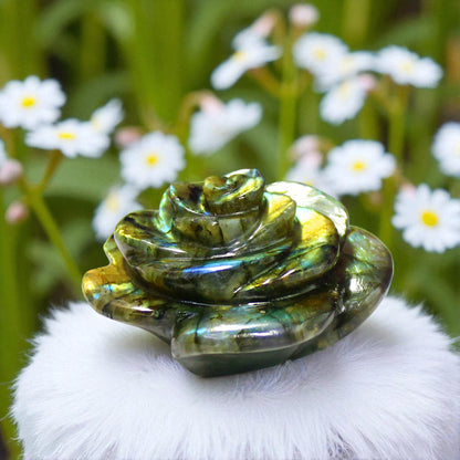 Lovely Color Sheen Nat. Labradorite Gemstone Rose Flower Carved Figure