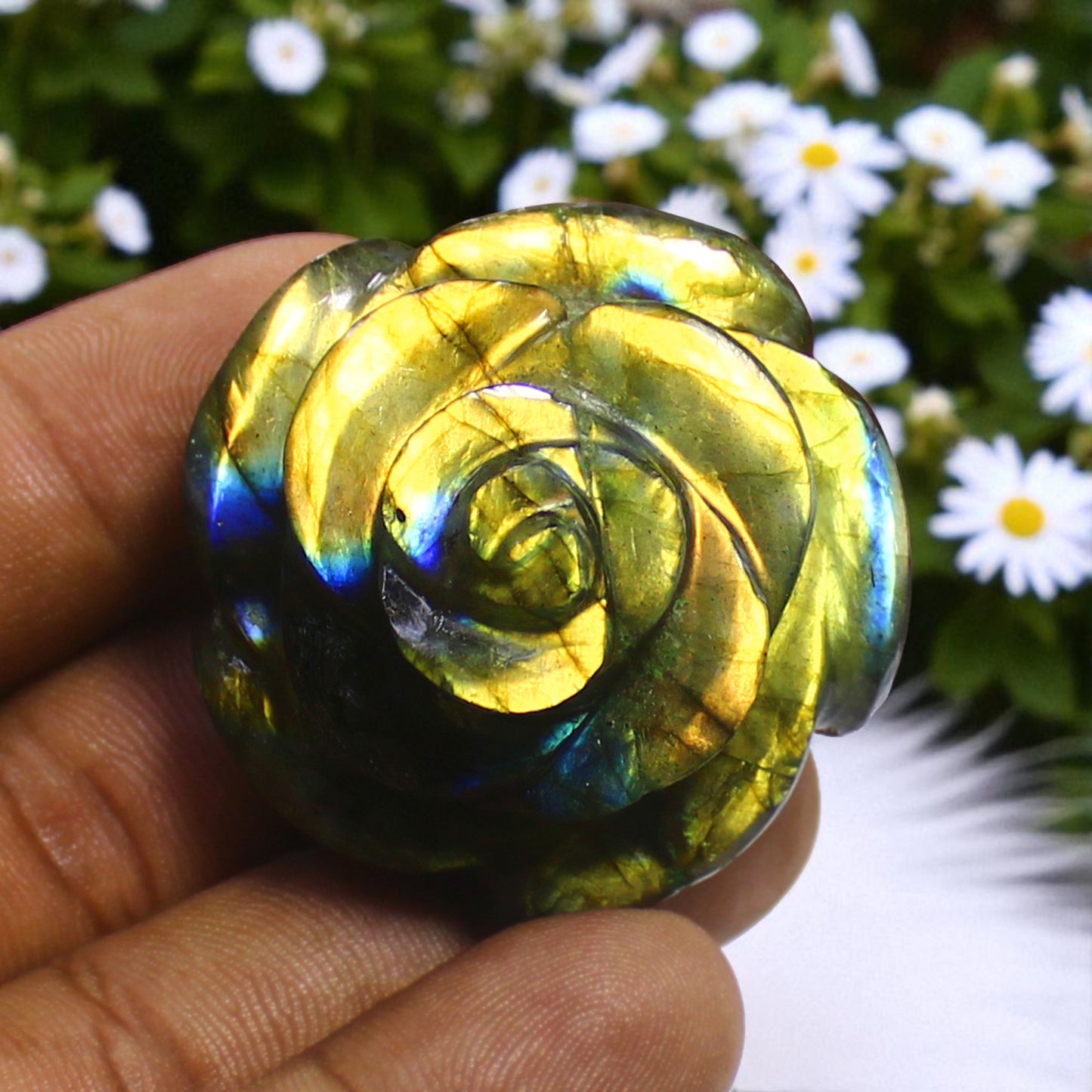 Lovely Color Sheen Nat. Labradorite Gemstone Rose Flower Carved Figure